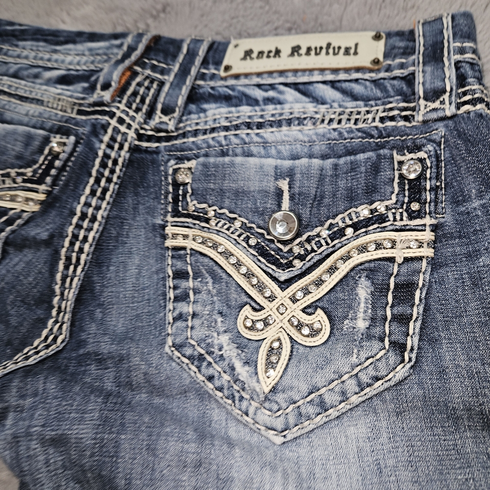 Rock Revival Blue Distressed Denim Shorts Cutoffs Bling Pockets Size 29 - Picture 9 of 13